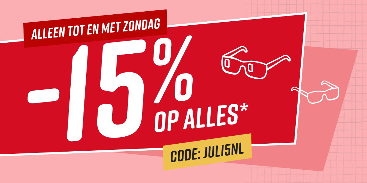 Kortingsactie 15% korting op alles tot zondag, twee schetsen van zonnebrillen, inclusief actiecode.
