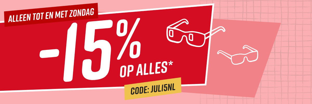  Kortingsactie 15% korting op alles tot zondag, twee schetsen van zonnebrillen, inclusief actiecode. 