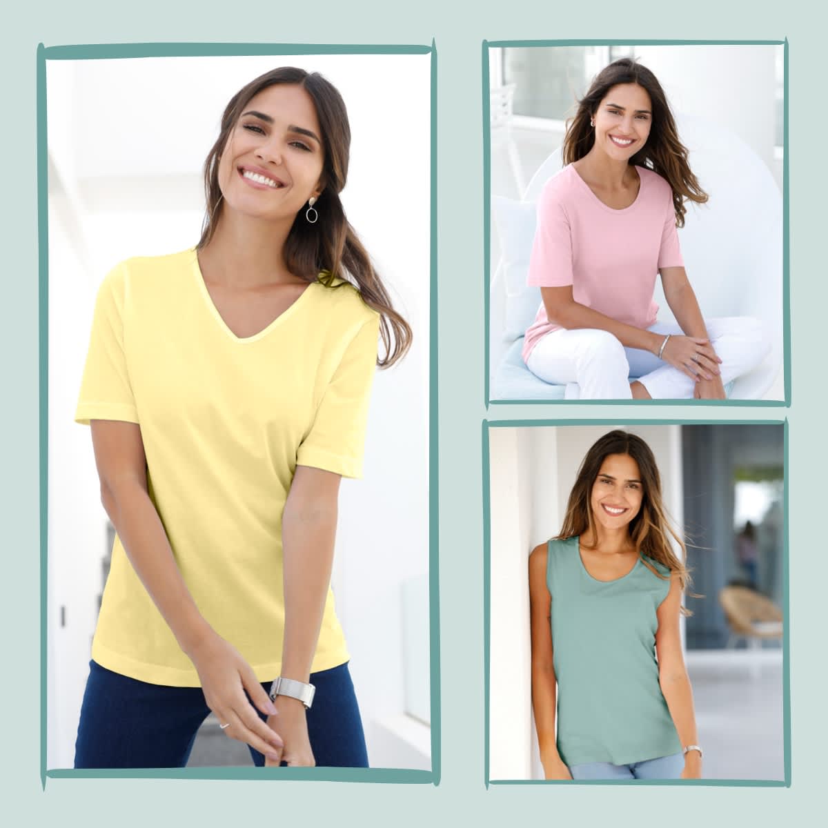 Een model draagt een geel T-shirt met V-hals, daarnaast zit het in een roze T-shirt, en rechtsonder draagt het een mouwloos muntgroen topje.