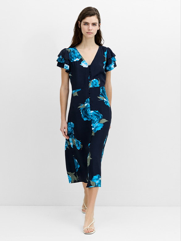 Lara Eco Blue Floral Button-Through Midi Tea Dress