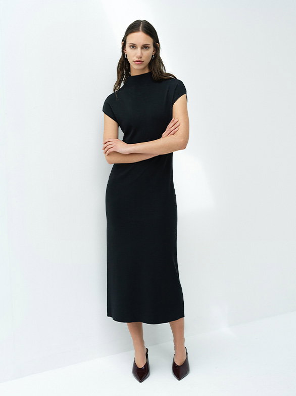 Fenella Dark Grey Mock Neck Knit Midi Dress
