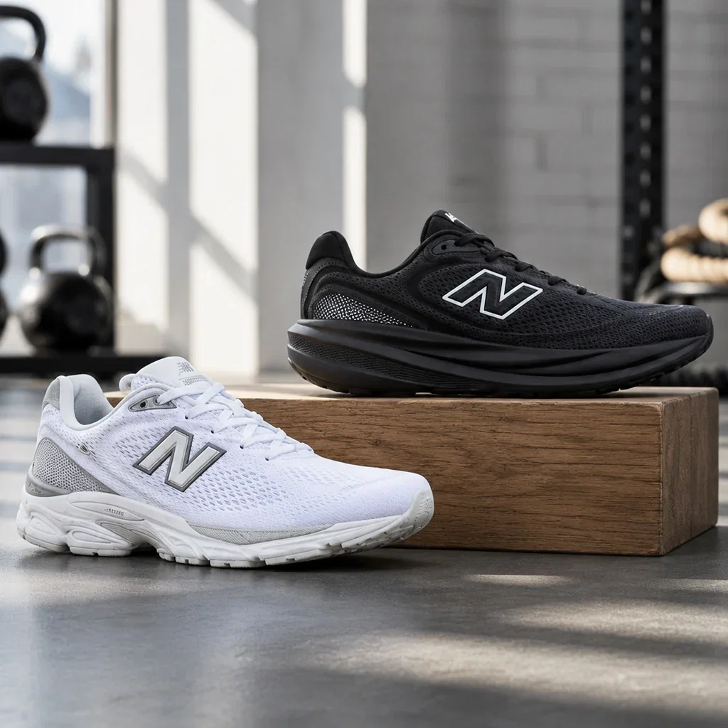 Two New Balance running shoes displayed on a wooden block: white sneaker in front, black sneaker elevated behind, gym setting.