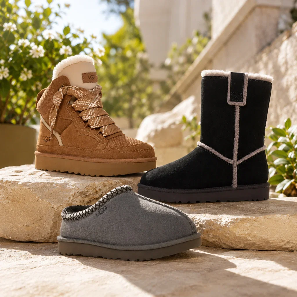 Three UGG boots displayed on stone surfaces: a tan lace-up boot, black mid-calf boot, and gray slipper in a sunny outdoor setting.