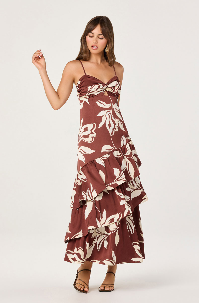 Woman Wearing Twist-Front Satin Maxi Dress