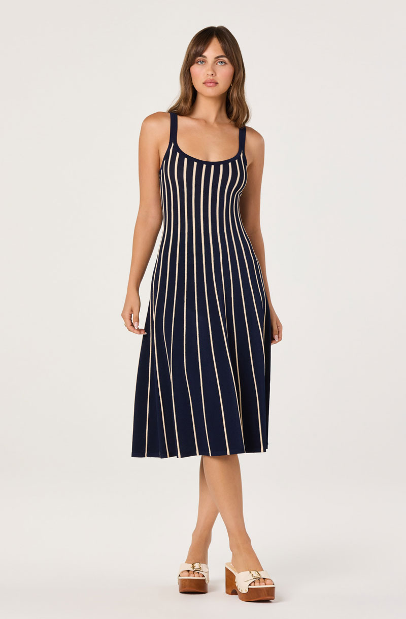 Woman Wearing Striped Knit Midi Dress