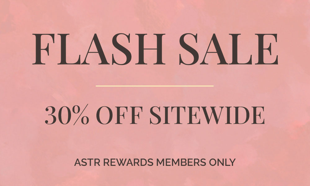 Text overlay "Flash sale. 30% off sitewide. ASTR rewards members only." on image
