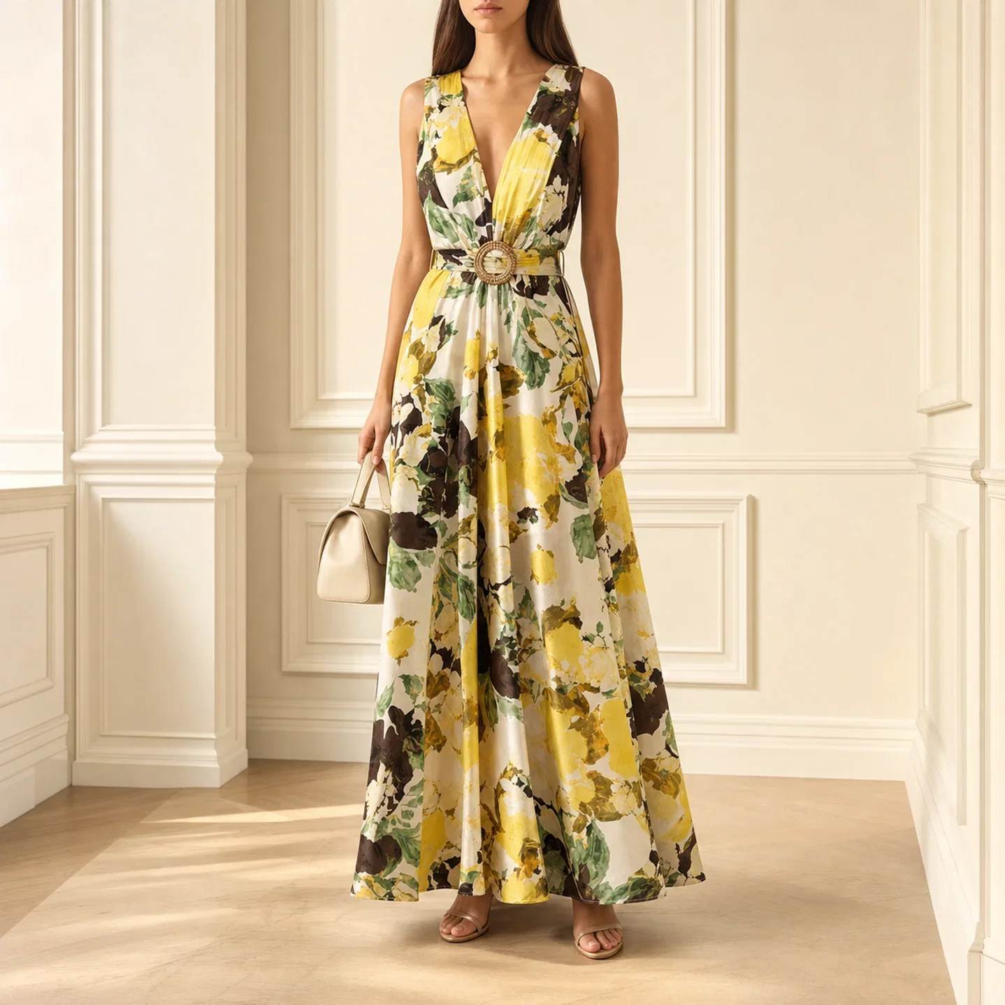 Floral Satin Maxi, Yellow