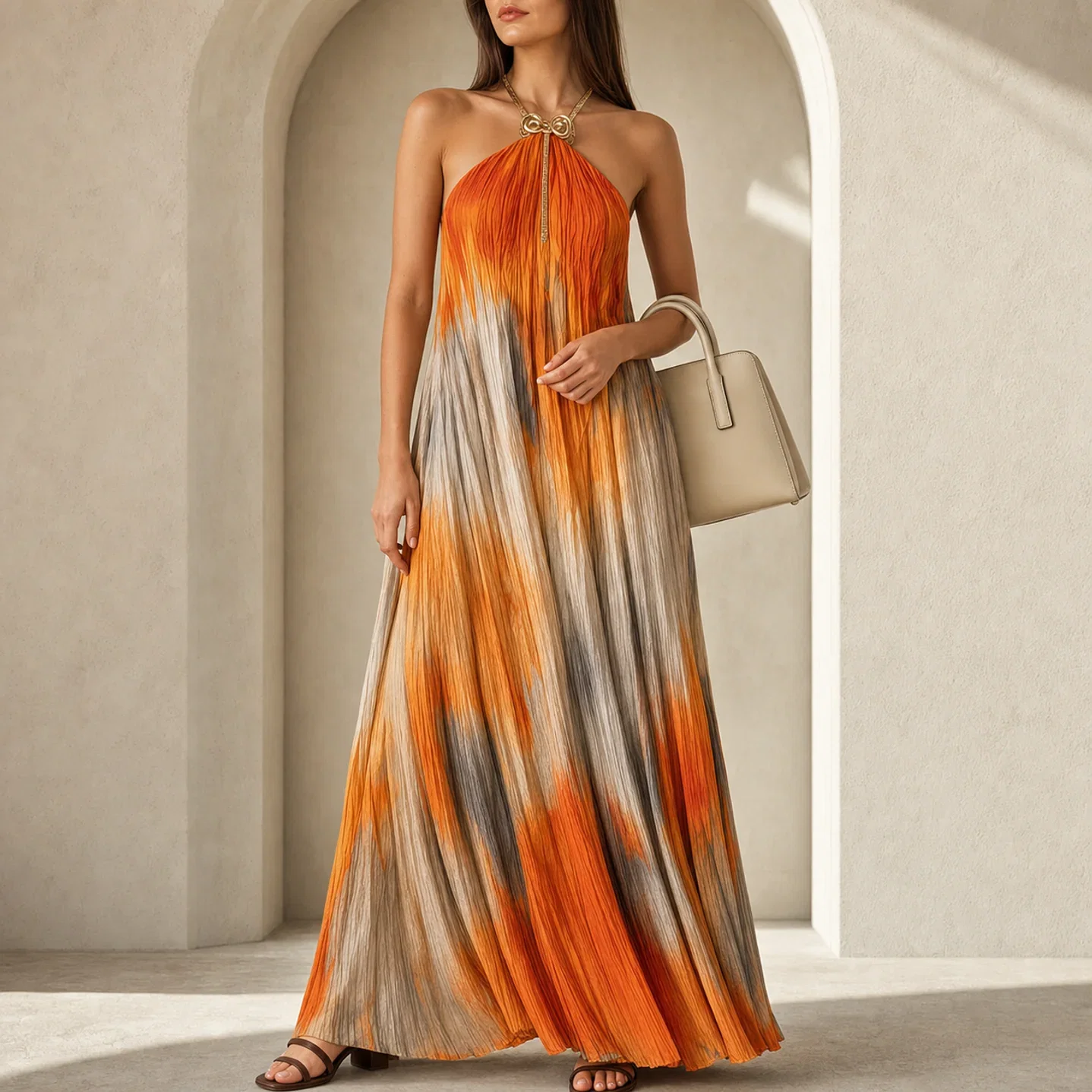 Pleated Halter Maxi, Orange Sunset