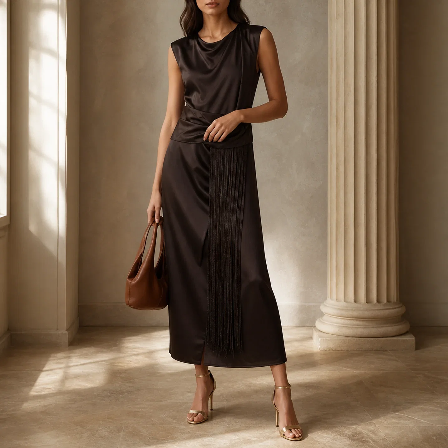 Satin Fringe Maxi, Espresso