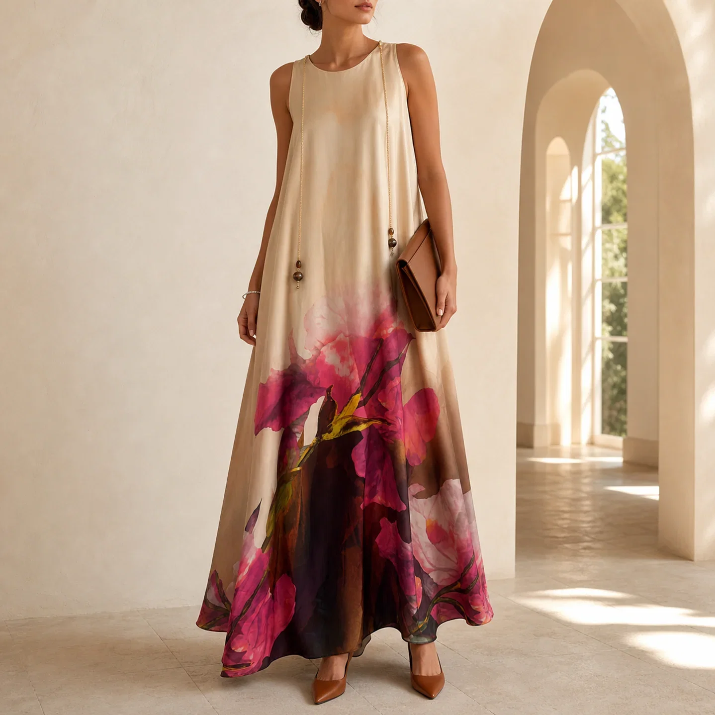 Watercolor Floral Maxi, Champagne