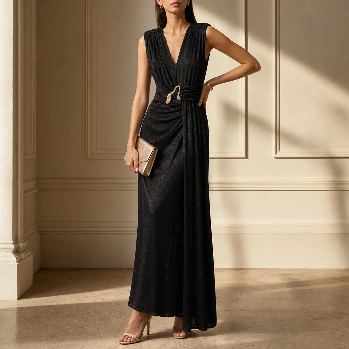 Metallic Draped Gown, Black