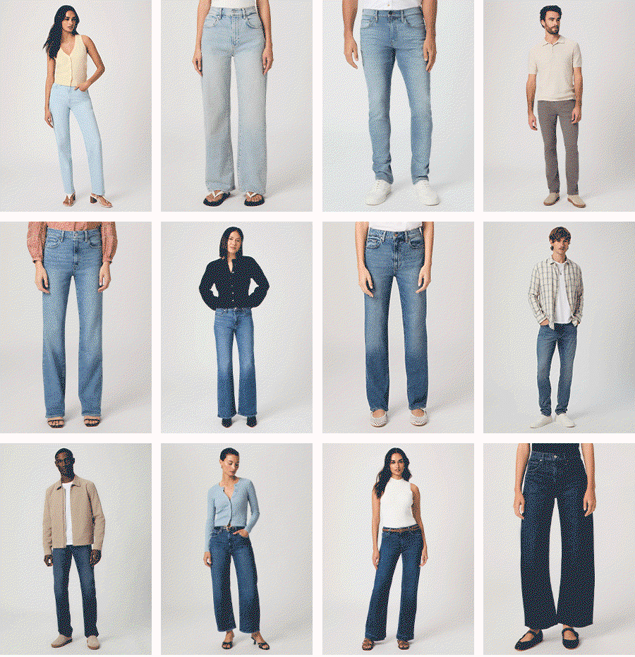GIF of alternating images featuring female and male models posing in various shades and fits of PAIGE denim.