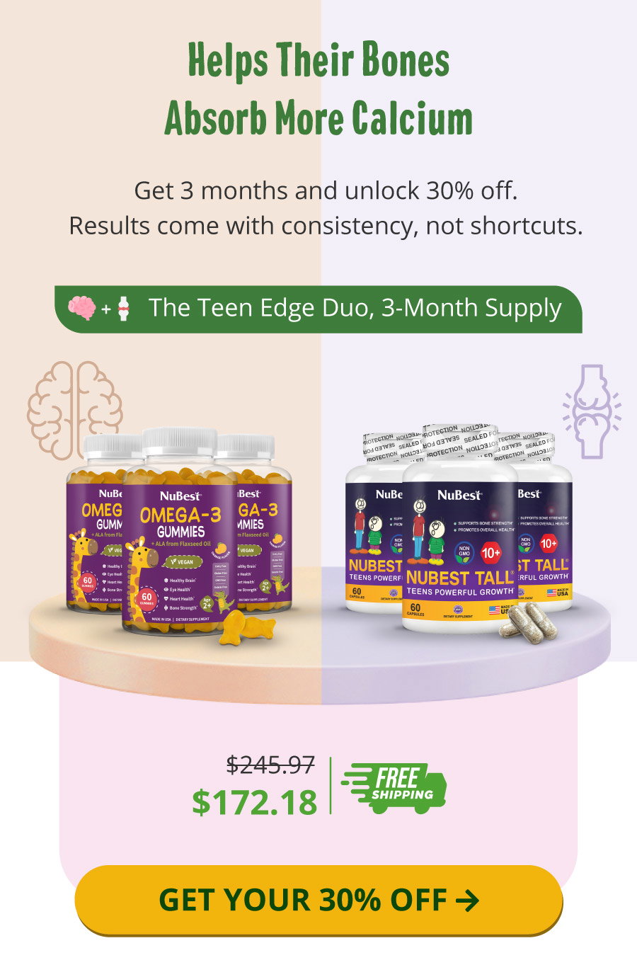 Helps Their Bones Absorb More Calcium. Get 3 months and unlock 30% off. Results come with consistency, not shortcuts. The Teen Edge Duo, 3-Month Supply .$172.18 | FREE Shipping [CTA]:  GET YOUR 30% OFF →