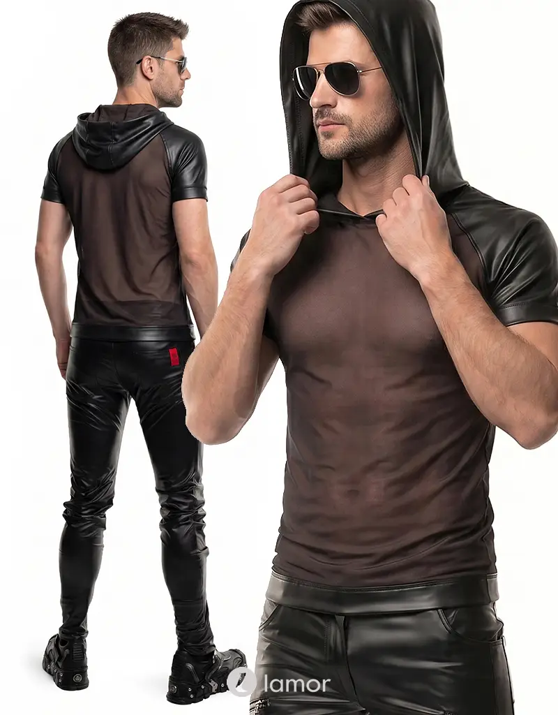 Heren mesh T-shirt met capuchon zwart, ADMagnus001 