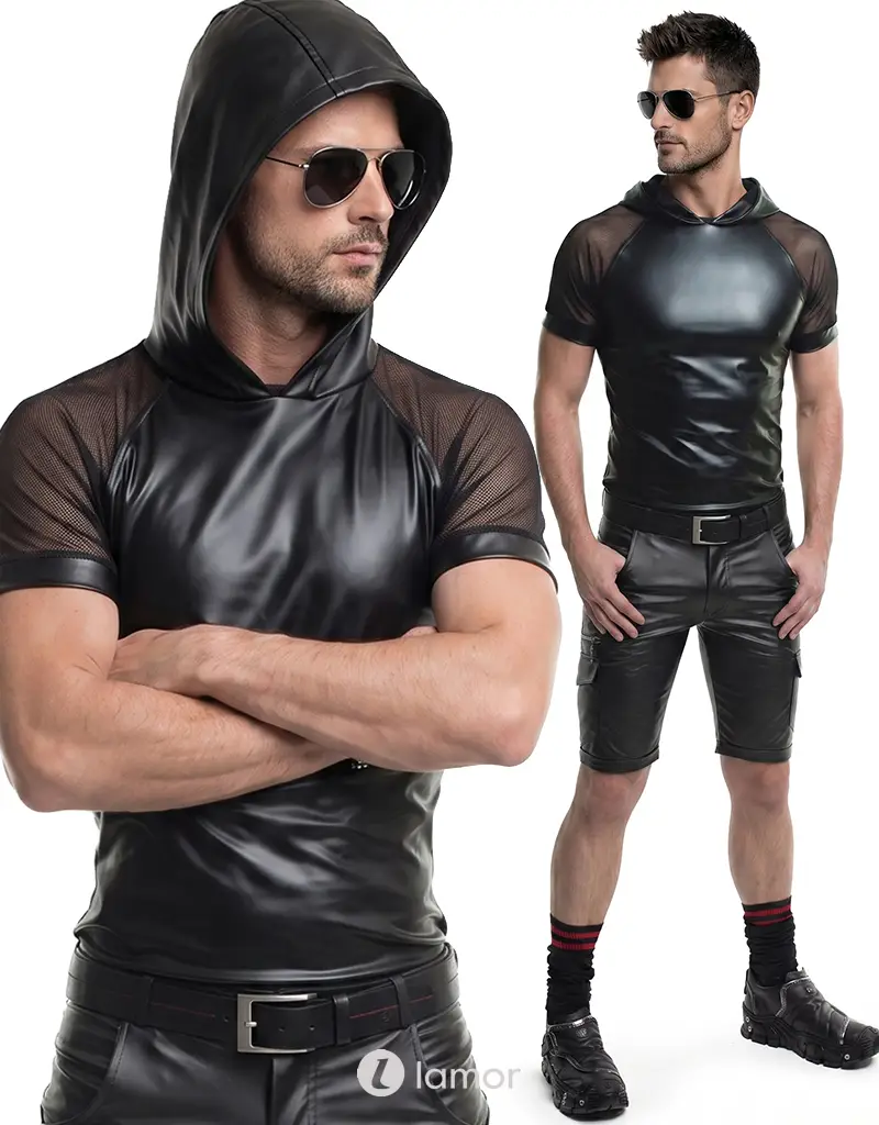 Wetlook heren T-shirt met capuchon zwart, ADSolar001