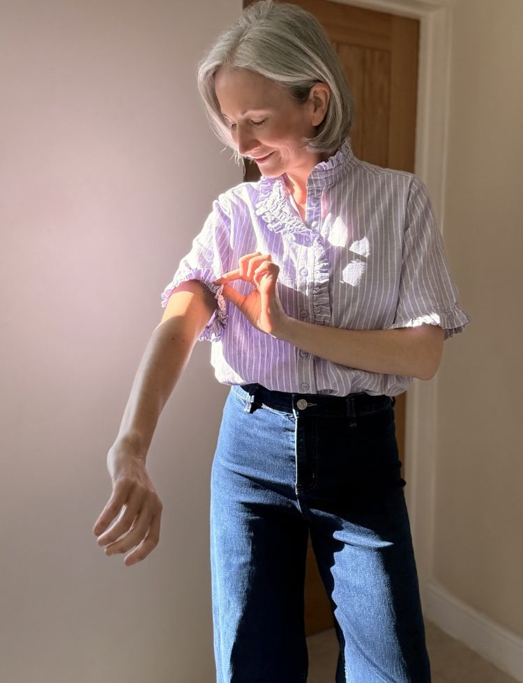 Megan wearing the Fabric Godmother Carnation Blouse