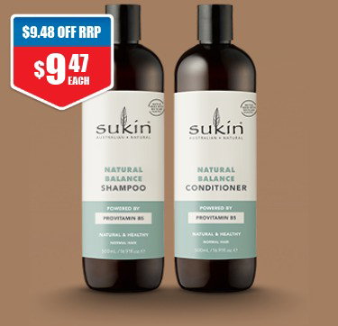 Sukin Natural Balance hair care range 1/2 price off RRP at Chemist Warehouse sale ends 5 August 2026