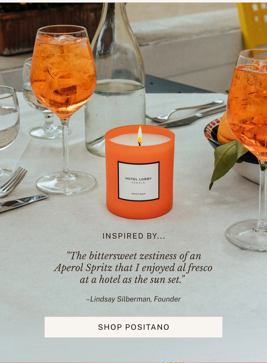 Inspired by...  "The bittersweet zestiness of an Aperol Spritz that I enjoyed al fresco at a hotel as the sun set." -Lindsay Silberman, Founder