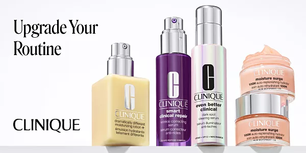 Upgrade your routine. Clinique. Assorted skincare bottles and jars. 