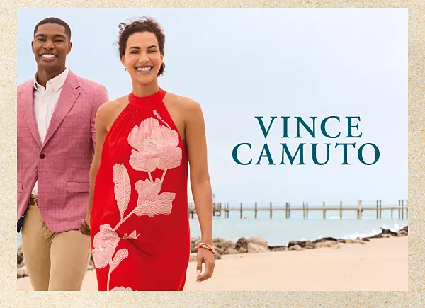 Women in patterned sleeveless dresses. Shop Vince Camuto. Man in pink blazer and pants with woman in red dress. 