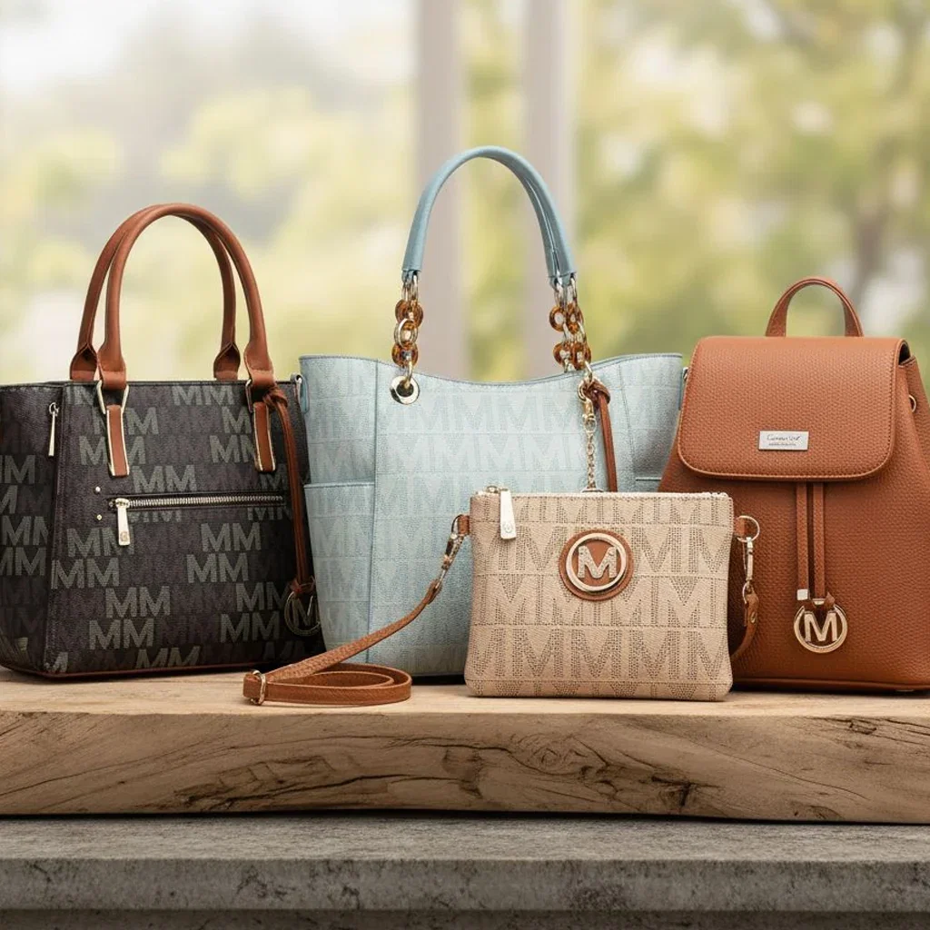 Five MKF Collection handbags in various styles and colors displayed on a wooden surface outdoors.