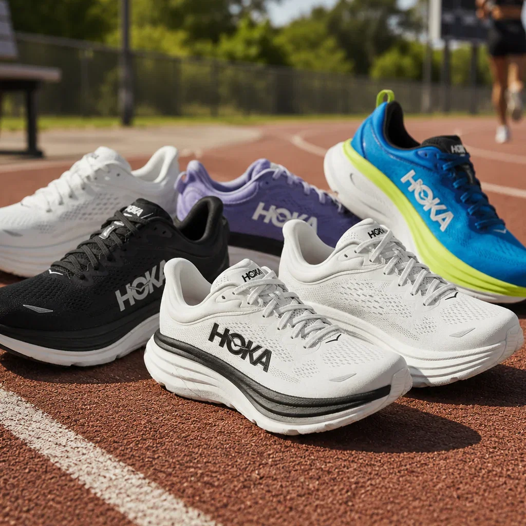 Multiple HOKA running shoes in white, black, blue, and purple displayed on a track with a runner in the background.