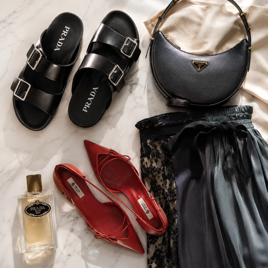 Prada luxury collection featuring black buckle sandals, red ballet flats, black hobo bag, lace skirt, and signature fragrance on marble background.