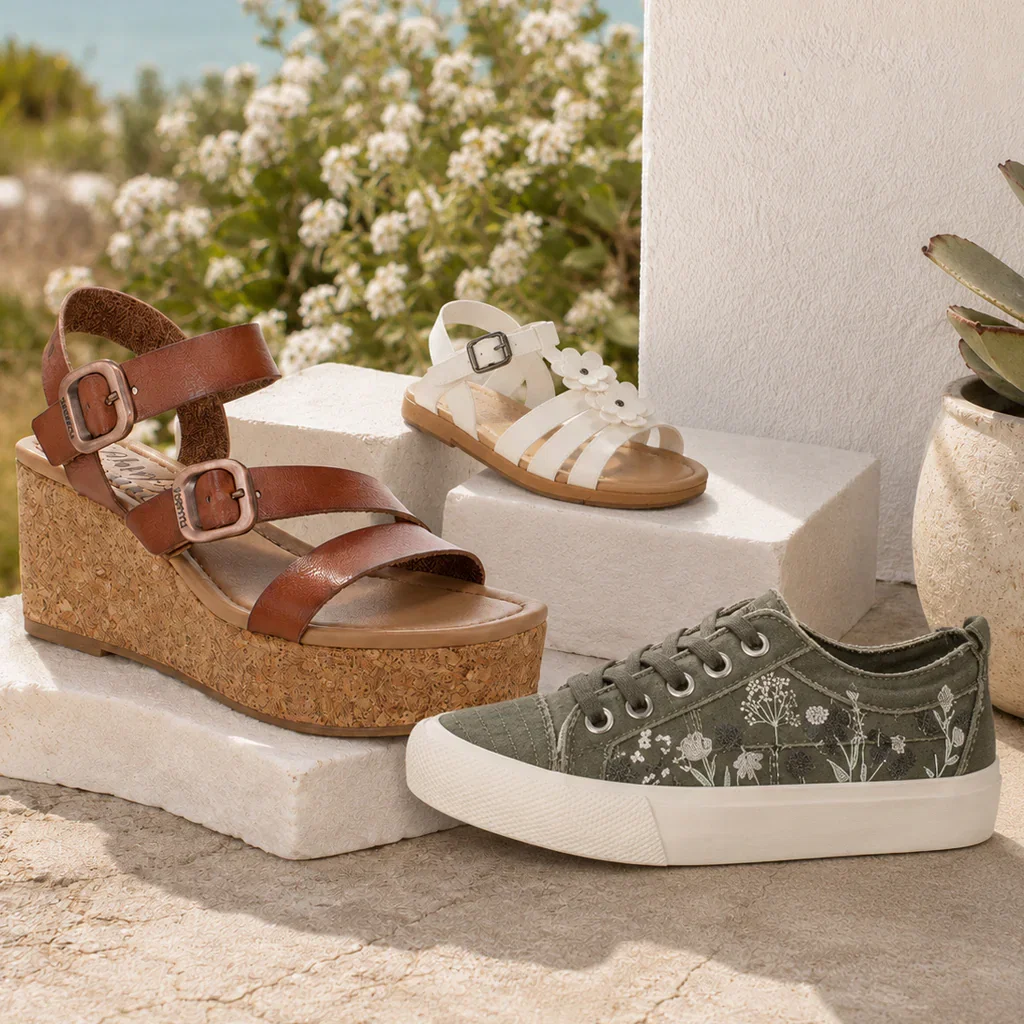 Blowfish Malibu shoe collection featuring brown wedge sandals, white strappy sandals, and gray floral sneakers displayed outdoors.