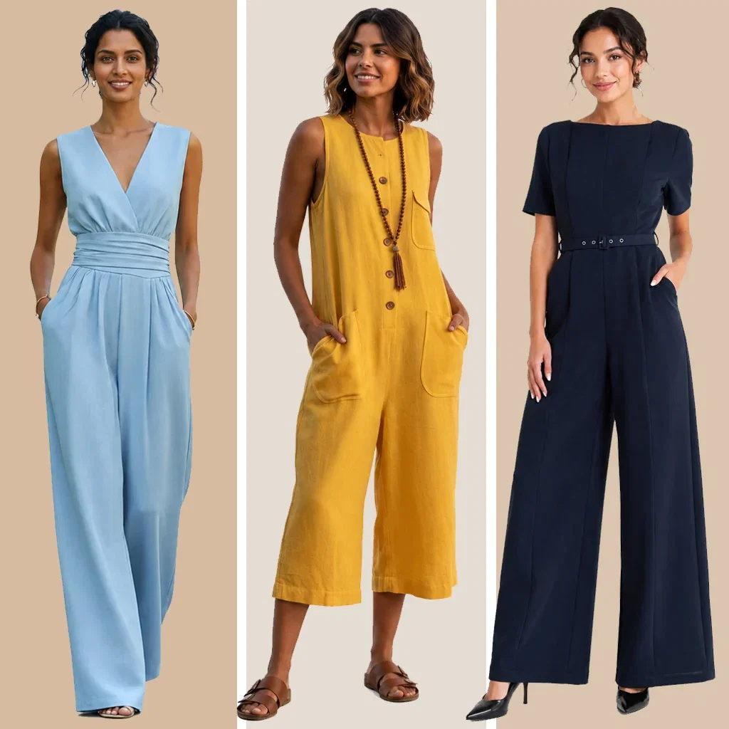 Three women modeling different jumpsuits: light blue wrap style, mustard yellow sleeveless, and navy short-sleeve with belt.