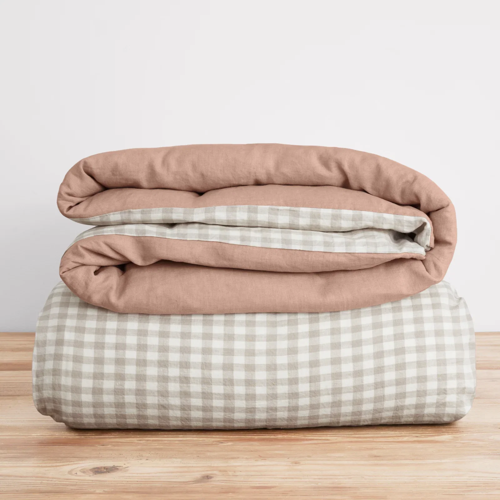 French Flax Linen Double Sided Quilt Cover in Clay/Beige Gingham