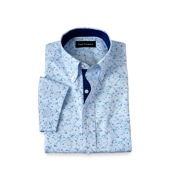 Non-Iron Cotton Floral Short Sleeve Dress Shirt With Contrast Trim - Teal-Classic Fit / 18