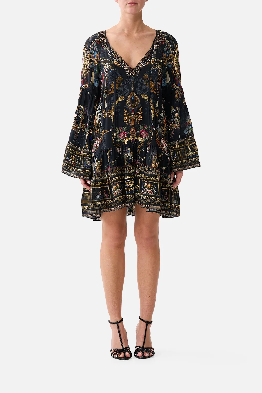 Image of A-LINE GATHERED PANEL DRESS NIGHT GARDEN