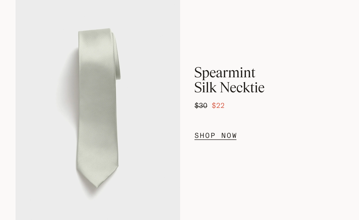 Split layout with a spearmint green silk necktie hanging against a light gray background on the left, and text on the right reading: Spearmint Silk Necktie $30 $22 SHOP NOW