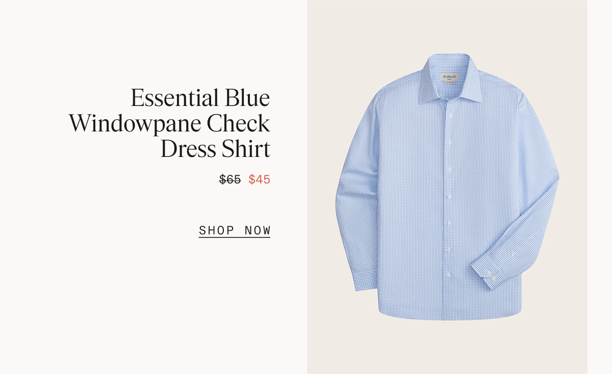 Split layout with text on the left reading: Essential Blue Windowpane Check Dress Shirt $65 $45 SHOP NOW, and a light blue windowpane check dress shirt on a hanger against a cream background on the right.
