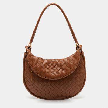 Brown Intrecciato Leather Medi
