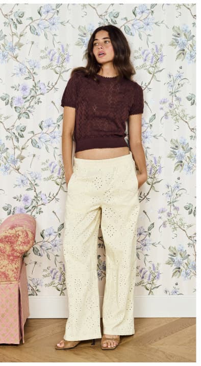 Relaxed Fit Cotton Denim Broderie Pant