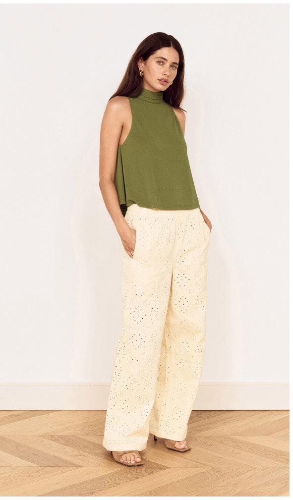 Relaxed Fit Cotton Denim Broderie Pant