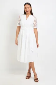 Petite Cotton Lace Belted Midi Dress