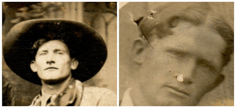 Two sepia-toned photos of a man with short hair. In the left image, he wears a wide-brimmed hat and a scarf; in the right image, he appears more closely cropped and without the hat.