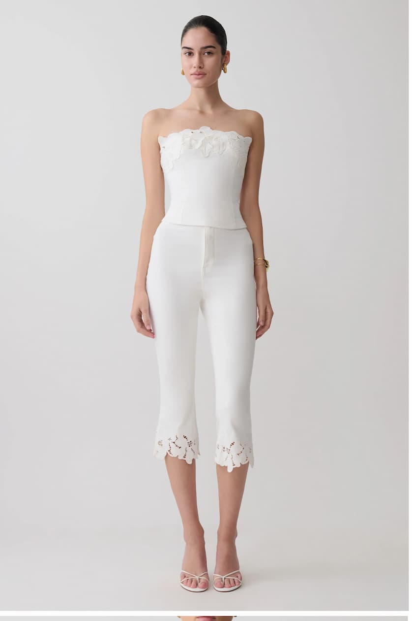 Tillie Flower Embroidery Strapless Denim Top - White