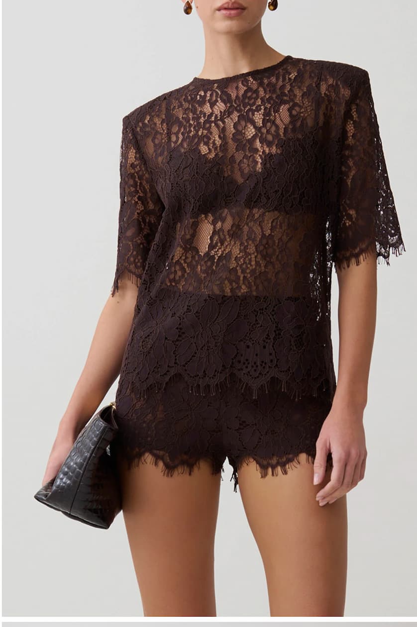Harlyn Shoulder Pad Short Sleeve Lace Top - Dark Chocolate