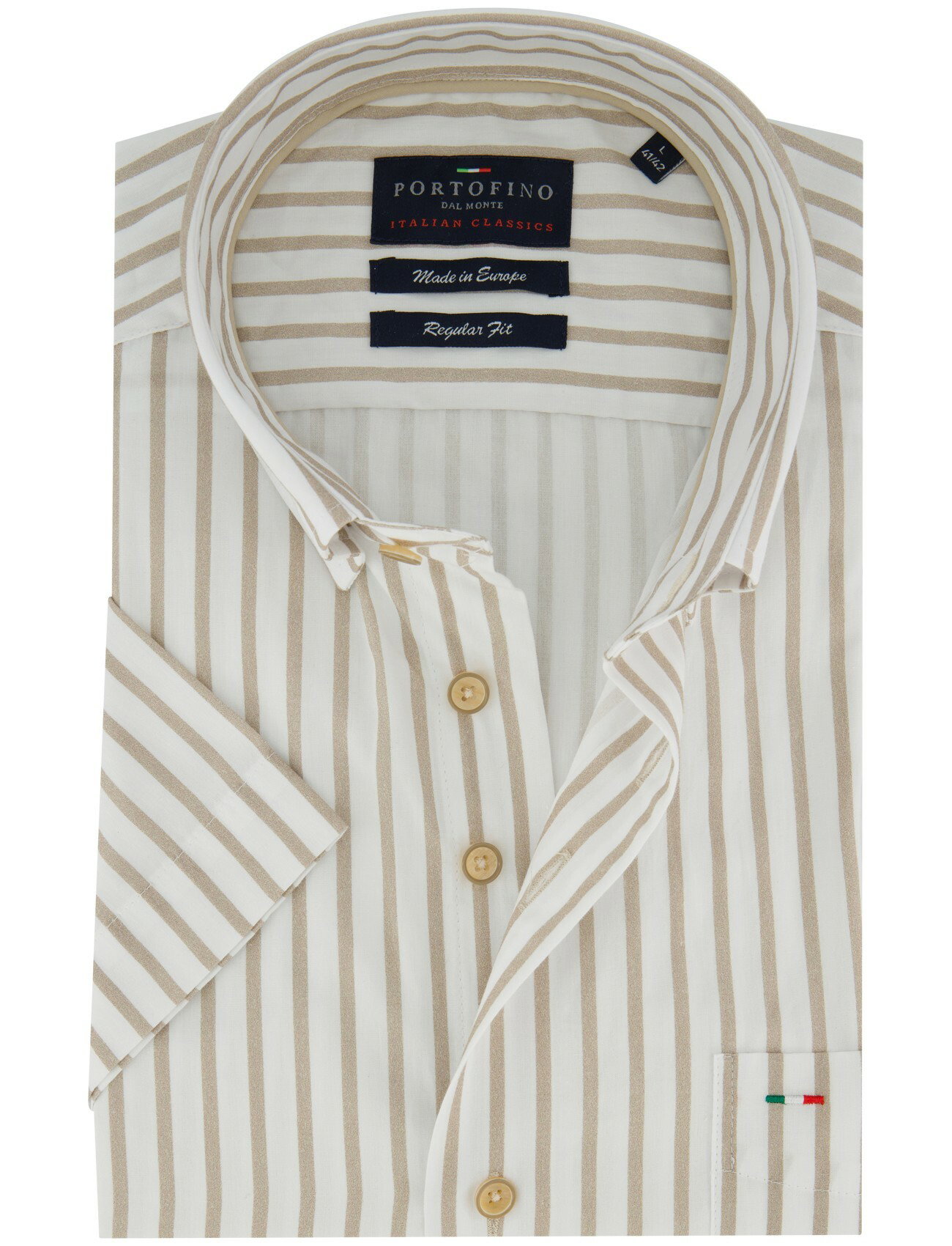 Overhemd korte mouwen Portofino beige gestreept motief
