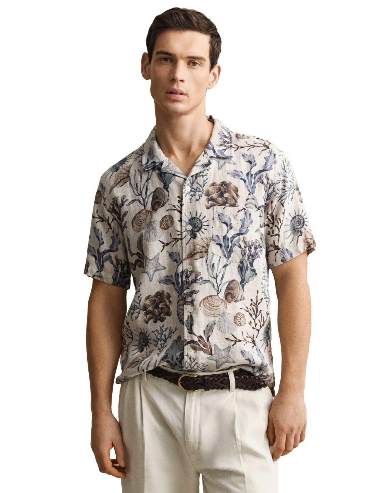 Gant overhemd printje schelpen beige korte mouw