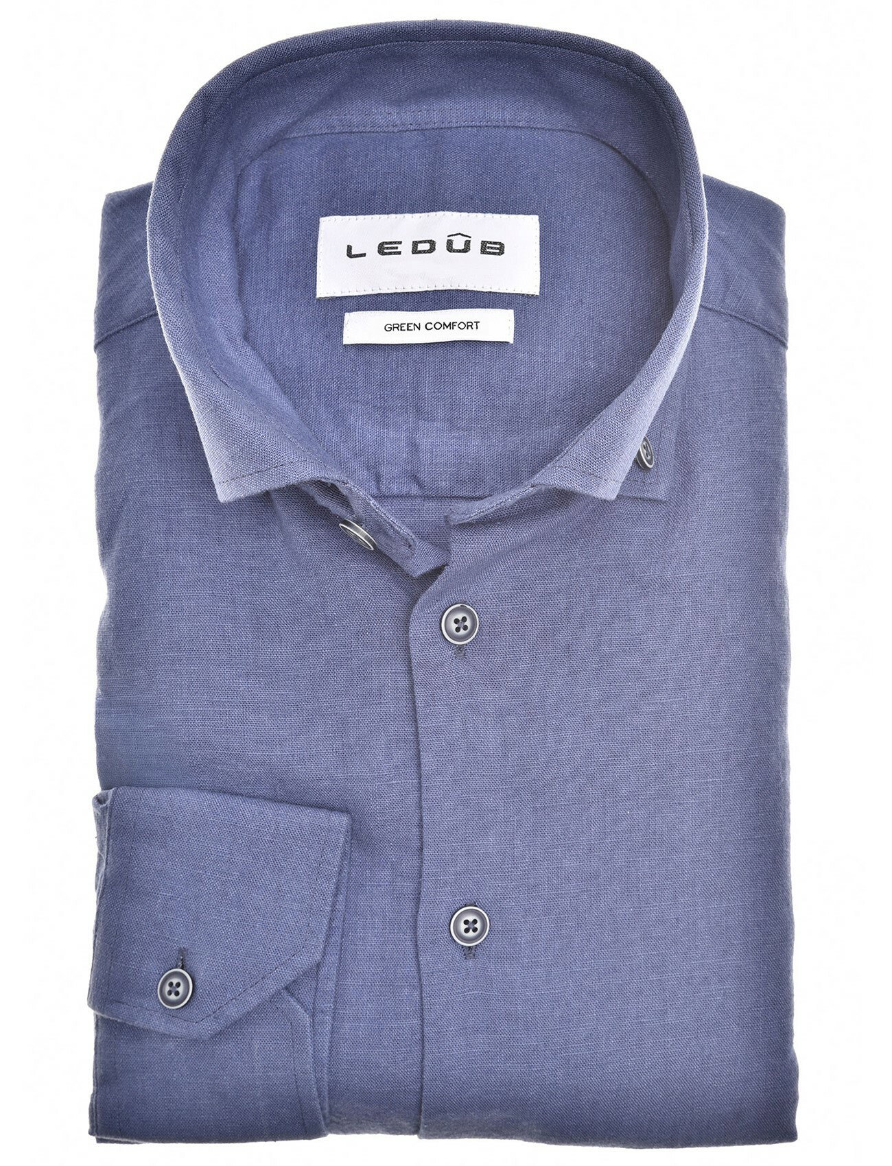 linnen Ledub overhemd effen blauw mouwlengte 7 normale fit