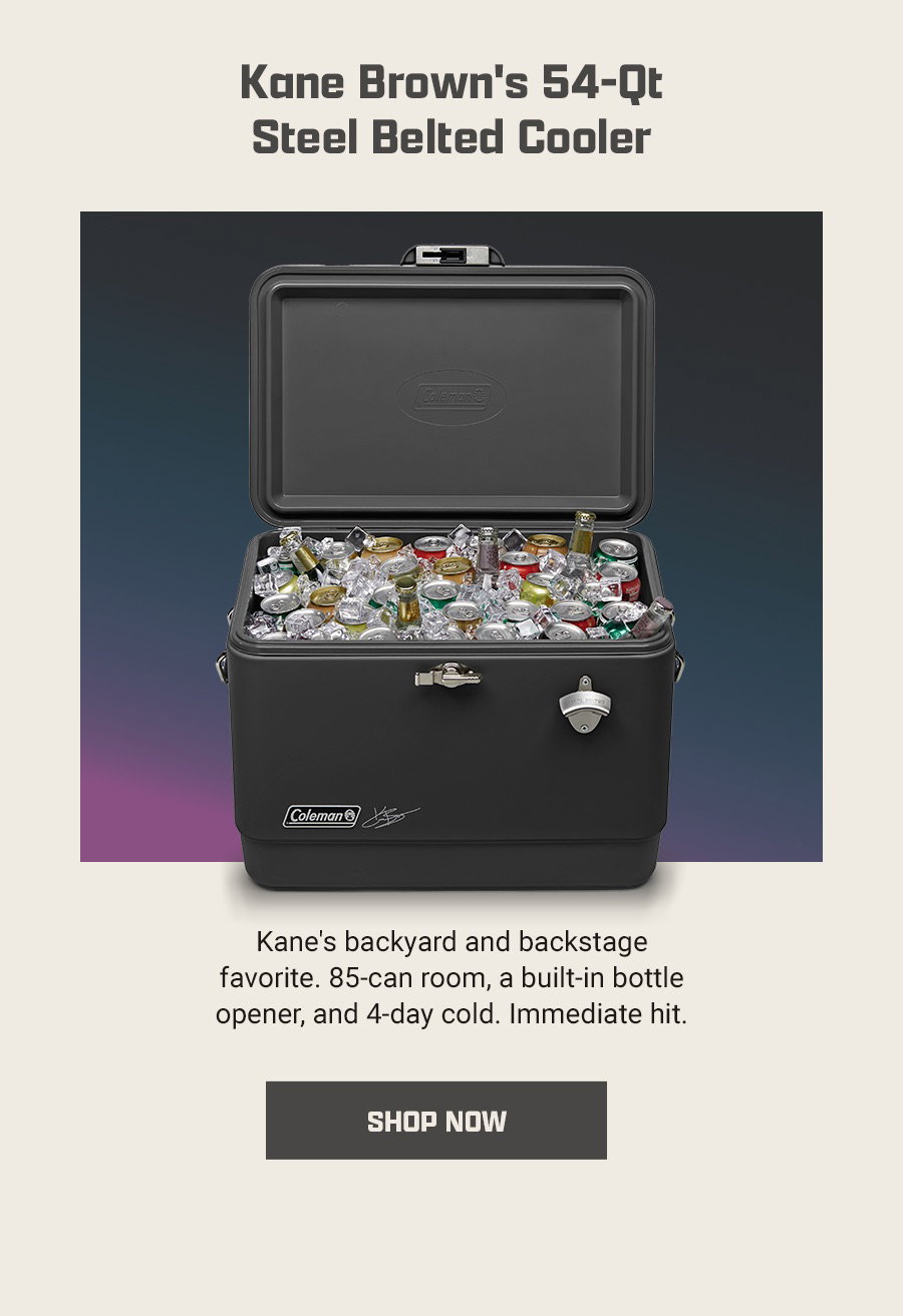 Kane Brown's 54-Qt Steel Belted Cooler - Kane's backyard and backstage favorite. 85-can room, a built-in bottle opener, and 4-day cold. Immediate hit. Shop Now