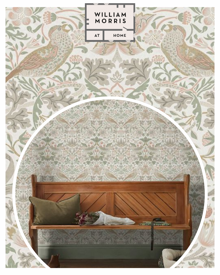 William Morris At Home Strawberry Thief Wallpaper Sage Green / Pink 124233