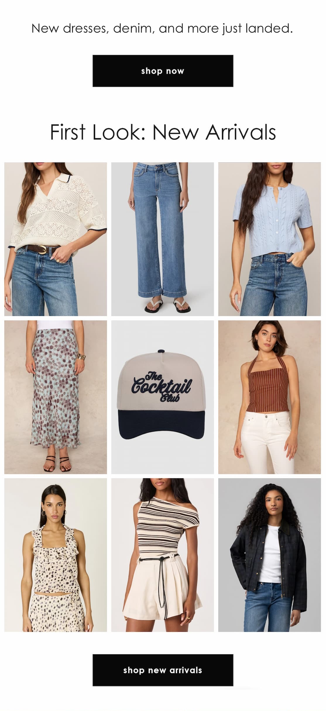 New arrivals email featuring a grid of women’s tops, jeans, a printed skirt, shorts, a baseball cap, and a black jacket, with “Shop Now” and “Shop New Arrivals” buttons.