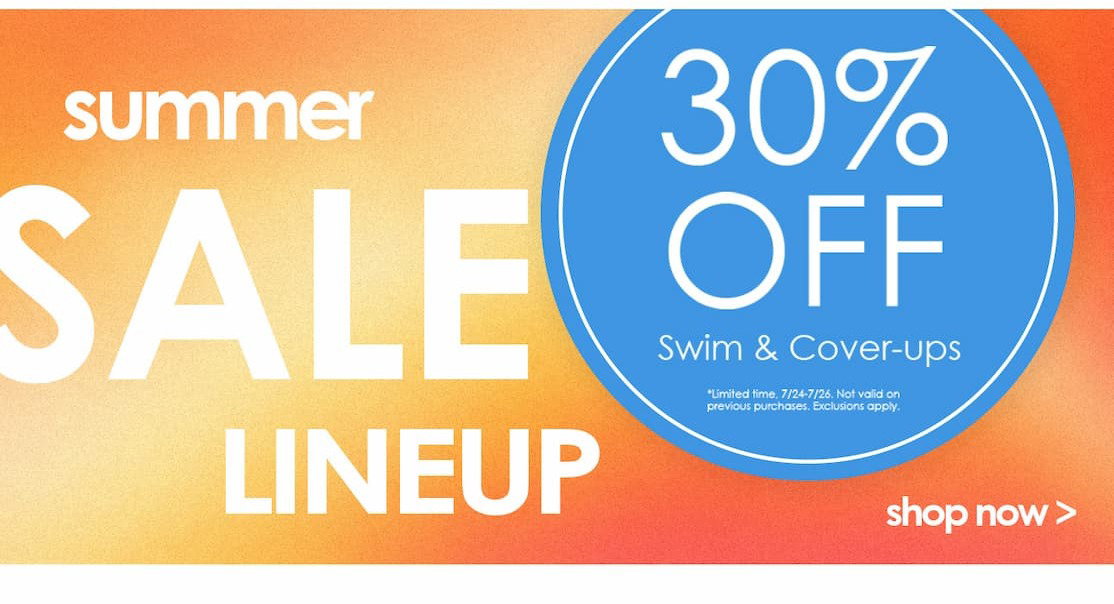 Summer sale graphic offering 30% off swim and cover-ups, with a blue circular badge on an orange gradient background and a “Shop Now” callout.