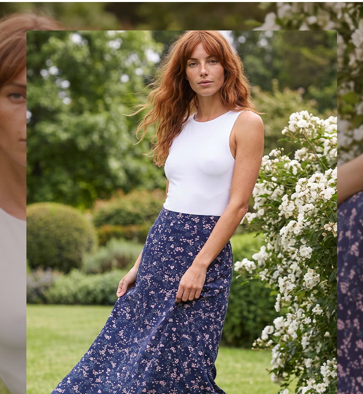Floral Print Elastic Waist Midi Stretch Skirt