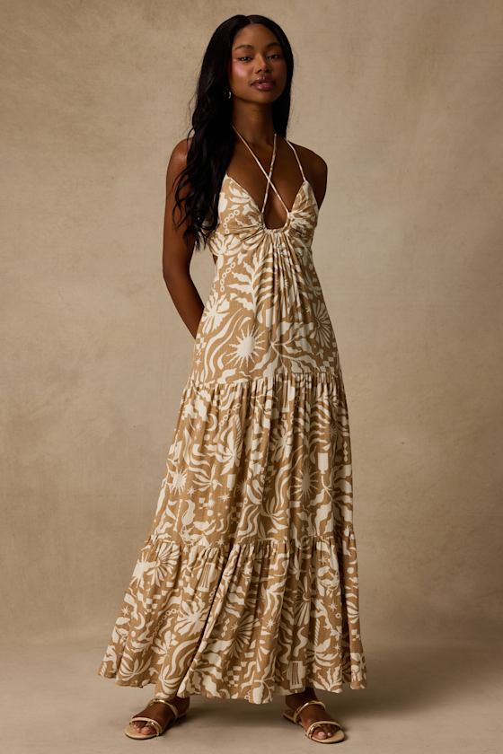 Image of Mykonos Memories Tan And Ivory Abstract Maxi Dress With Pockets